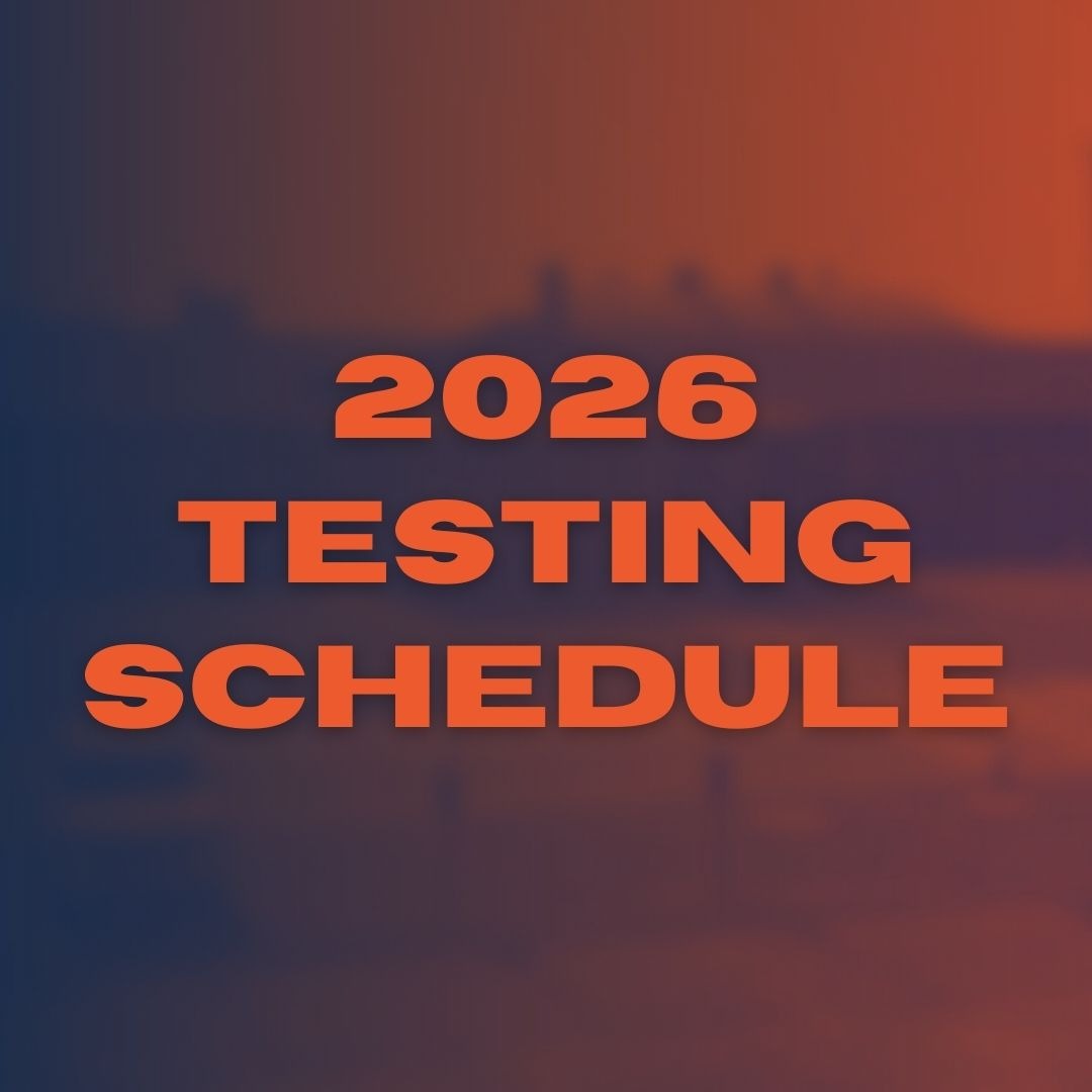 Orange and blue gradient background with "2026 TESTING SCHEDULE" in white text.