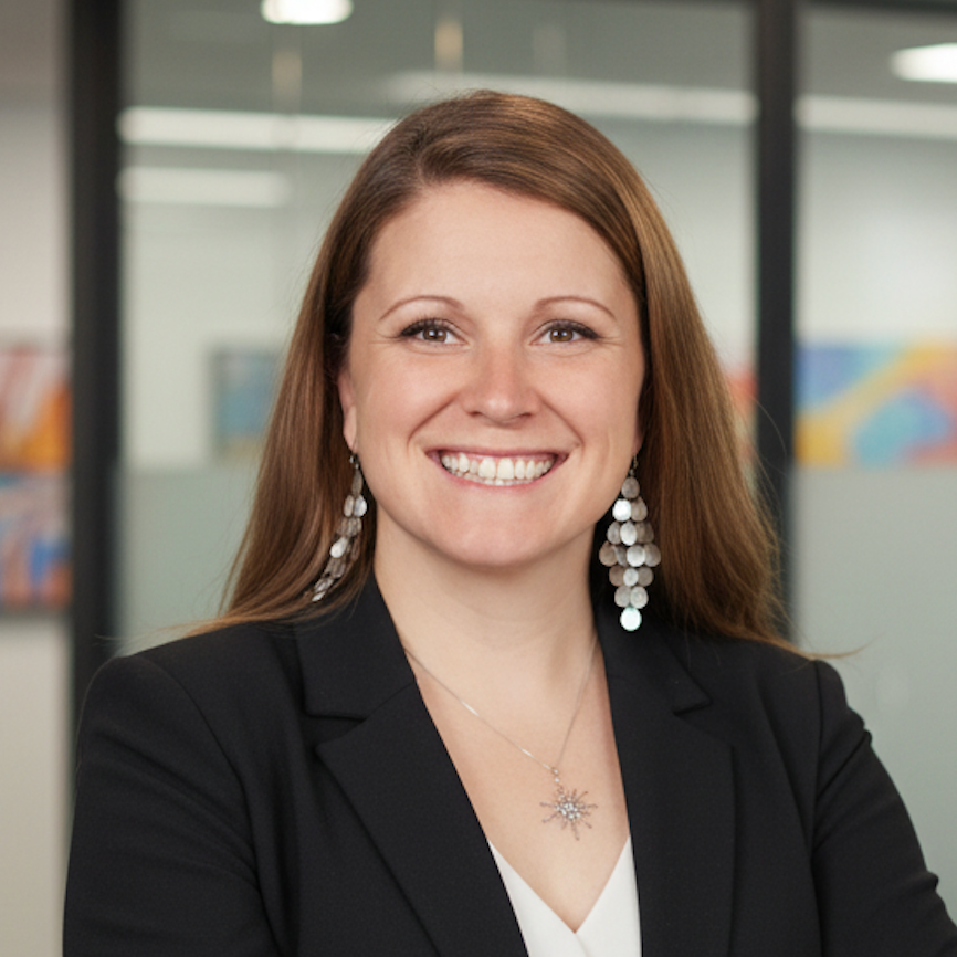 A woman with brown hair, wearing a black blazer, white shirt, and silver earrings. She is smiling.