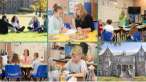 Collage of students and teachers. One group sitting on grass, another in a classroom, and others in various learning environments.