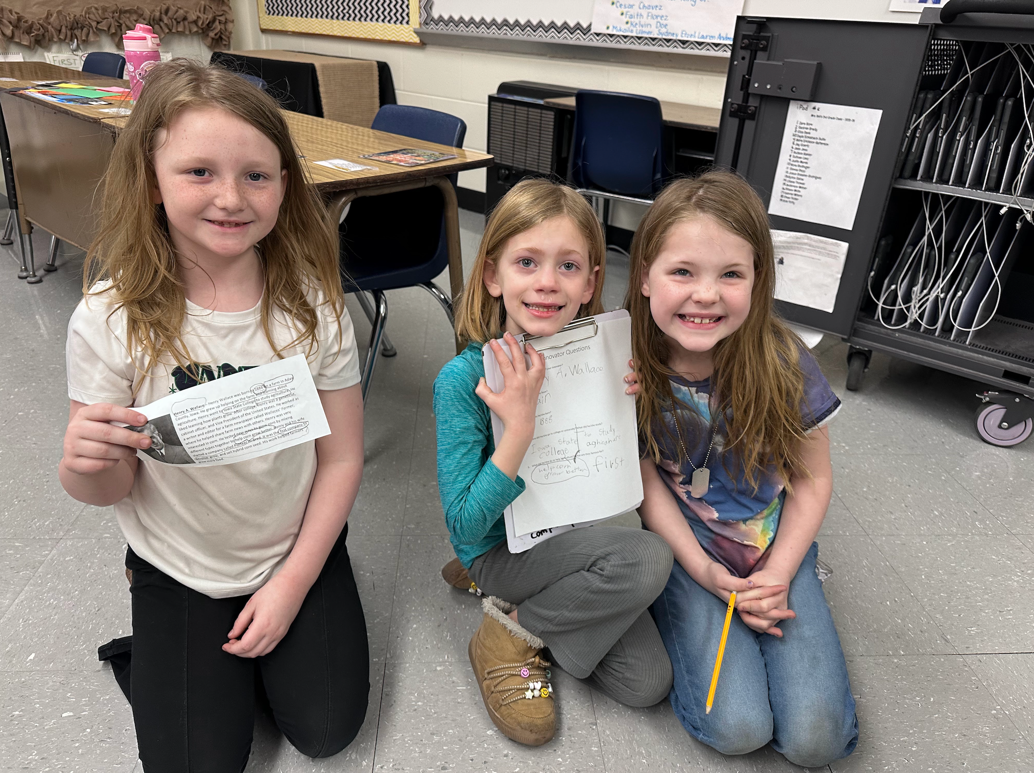 Students holding up papers with the picture of a historic figure on it and a paper they are writing notes on