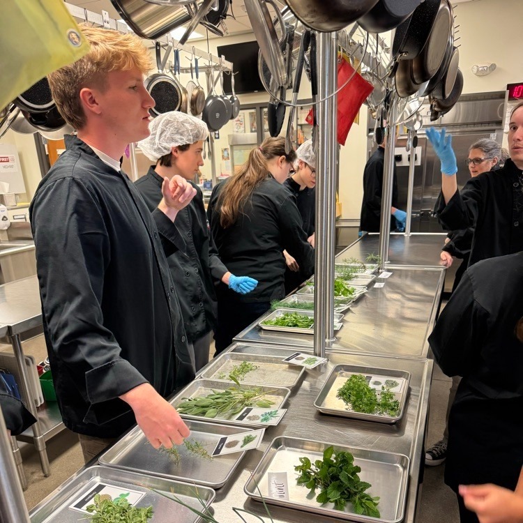 Students in black uniforms in the culinary lab with greens on plates and pans hanging overhead