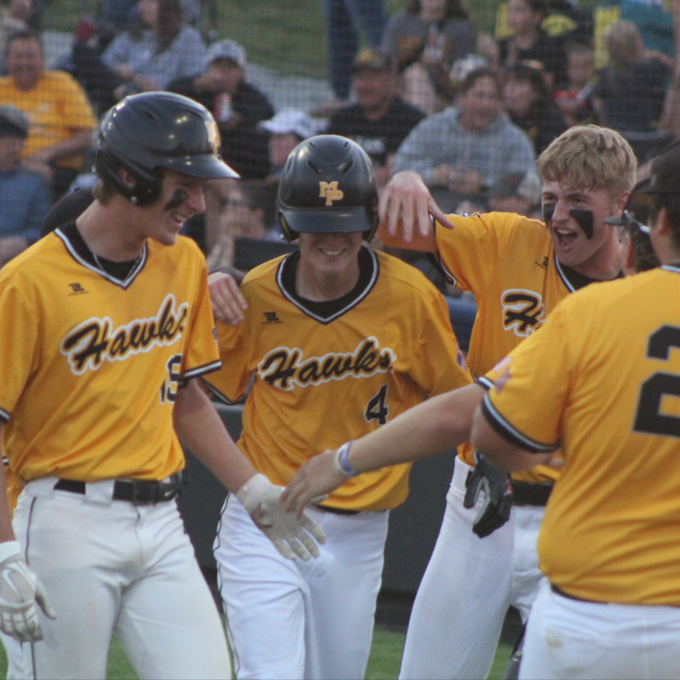 baseball team members wearing jerseys that read Hawks on the front and the numbers 15, 4, 21 giving high fives and celebrating