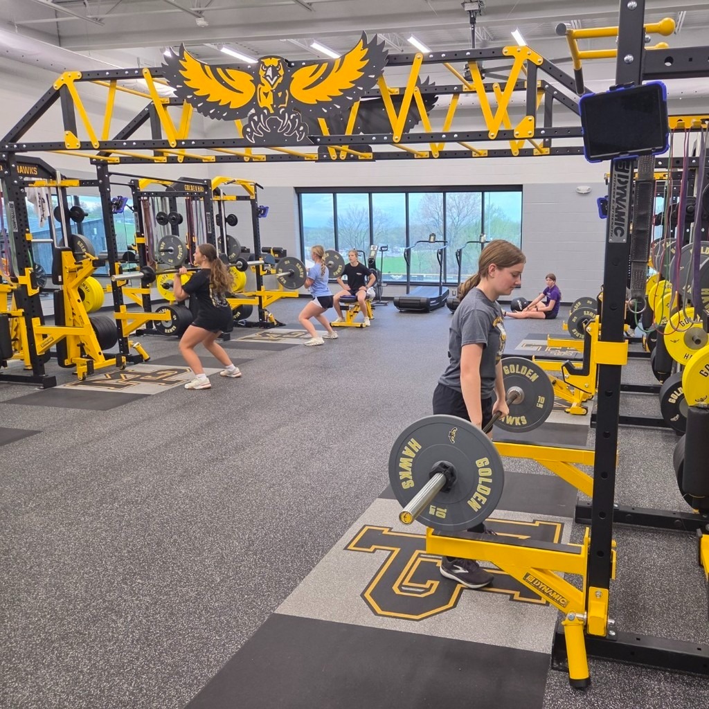 softball girls lifting weights in the new weight room with the hawk across the top bars