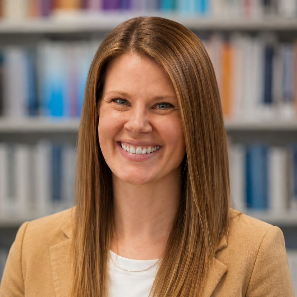 Rachel Kerns wearing a brown blazer over a white t-shirt in front of book shelves looking very cheerful
