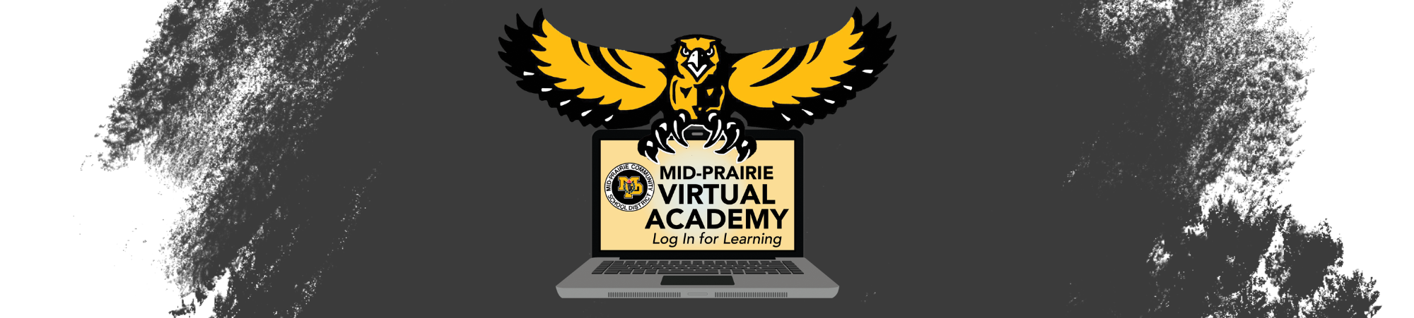 Mid-Prairie Virtual Academy Log In for Learning Logo with hawk on top of a an open laptop computer