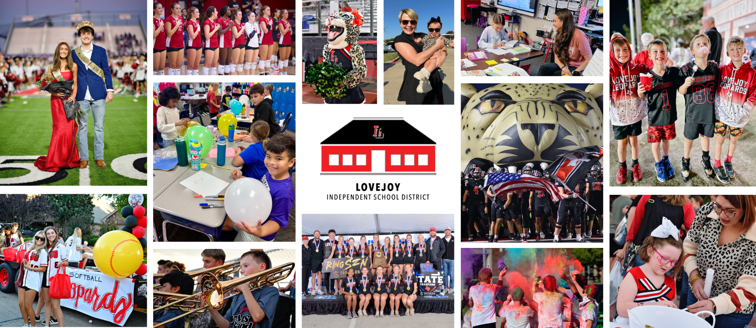 A collage shows various activities: a person in red with a yellow balloon, a marching band with a trumpet, and people in red and white uniforms.