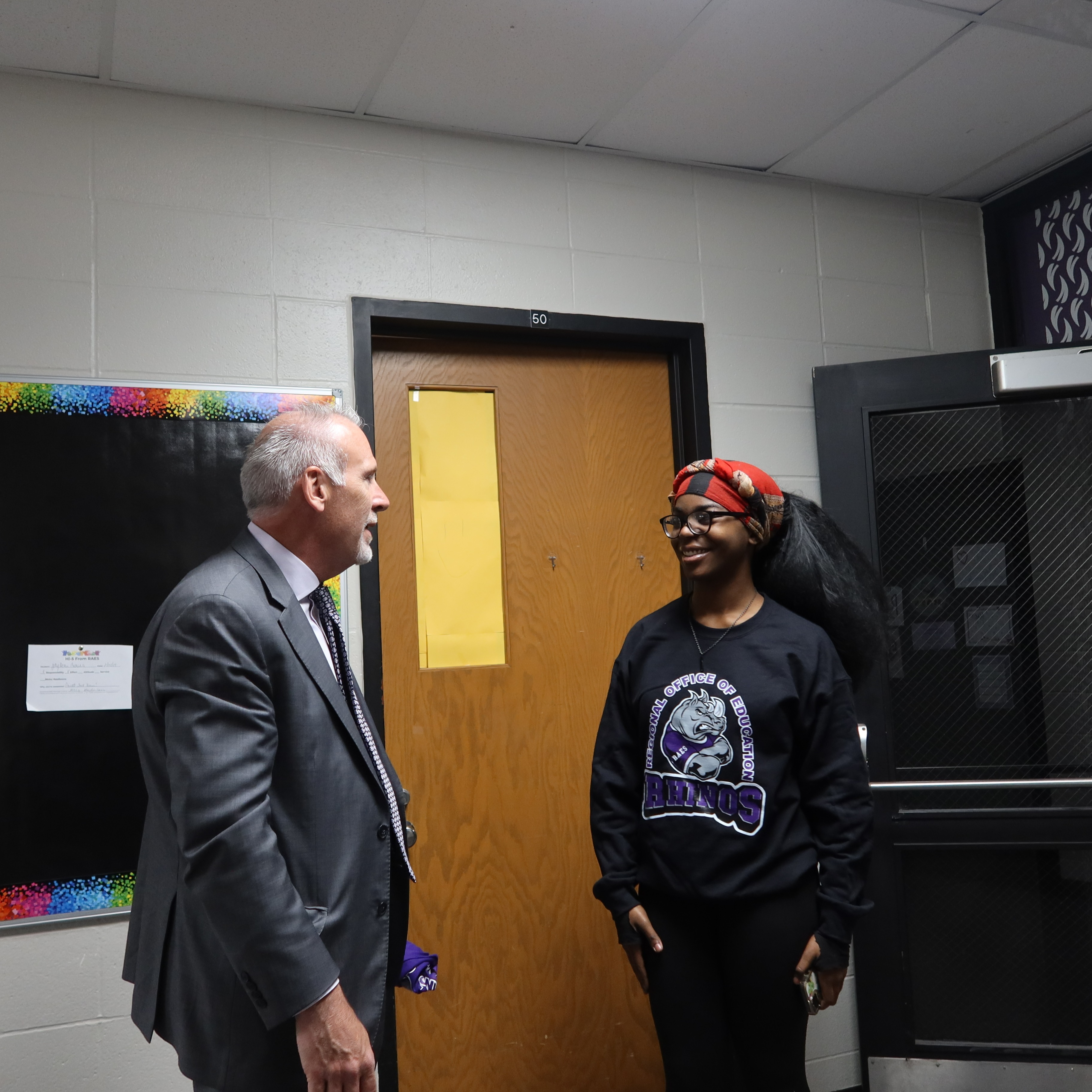 Tony Sanders Speaks with a RAES student on his visit to ROE #33