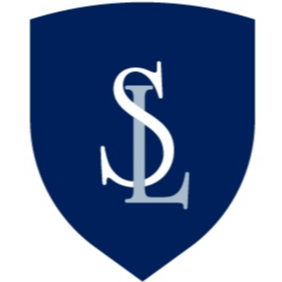A blue shield with white, stylized "SL" monogram in the center against a white background.