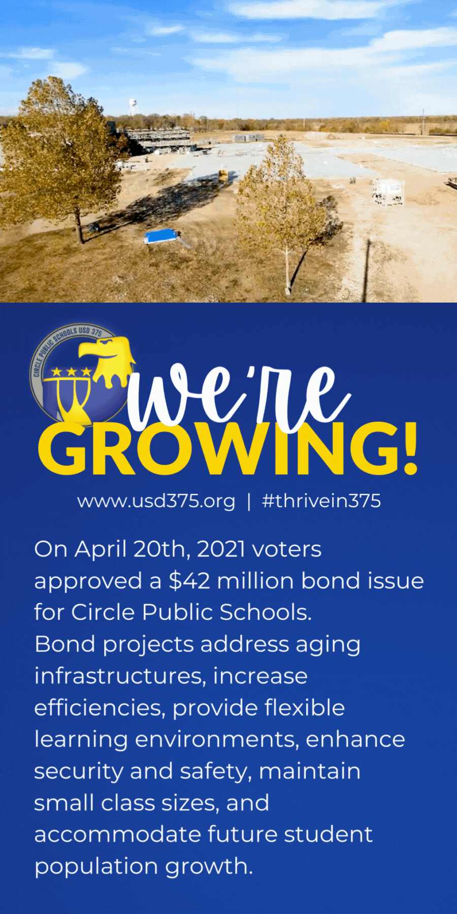 We're Growing Gif:On April 20th, 2021 voters approved a $42 million bond issue for Circle Public Schools.  Bond projects address aging infrastructures, increase efficiencies, provide flexible learning environments, enhance security and safety, maintain small class sizes, and accommodate future student population growth.