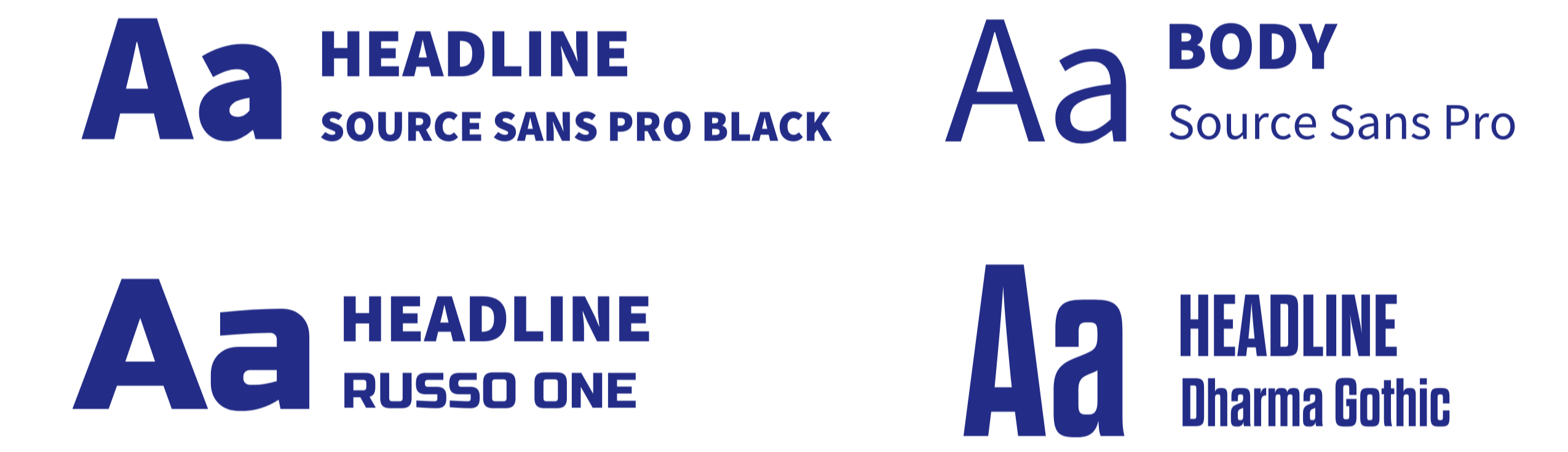 Brand Fonts: Headline fonts, Source Sans Pro Black, Russo One, Dharma Gothic. Body Fonts Source Sans Pro