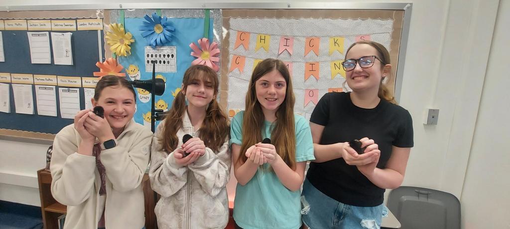 SEMS students with chicks from eggs the classroom hatched.