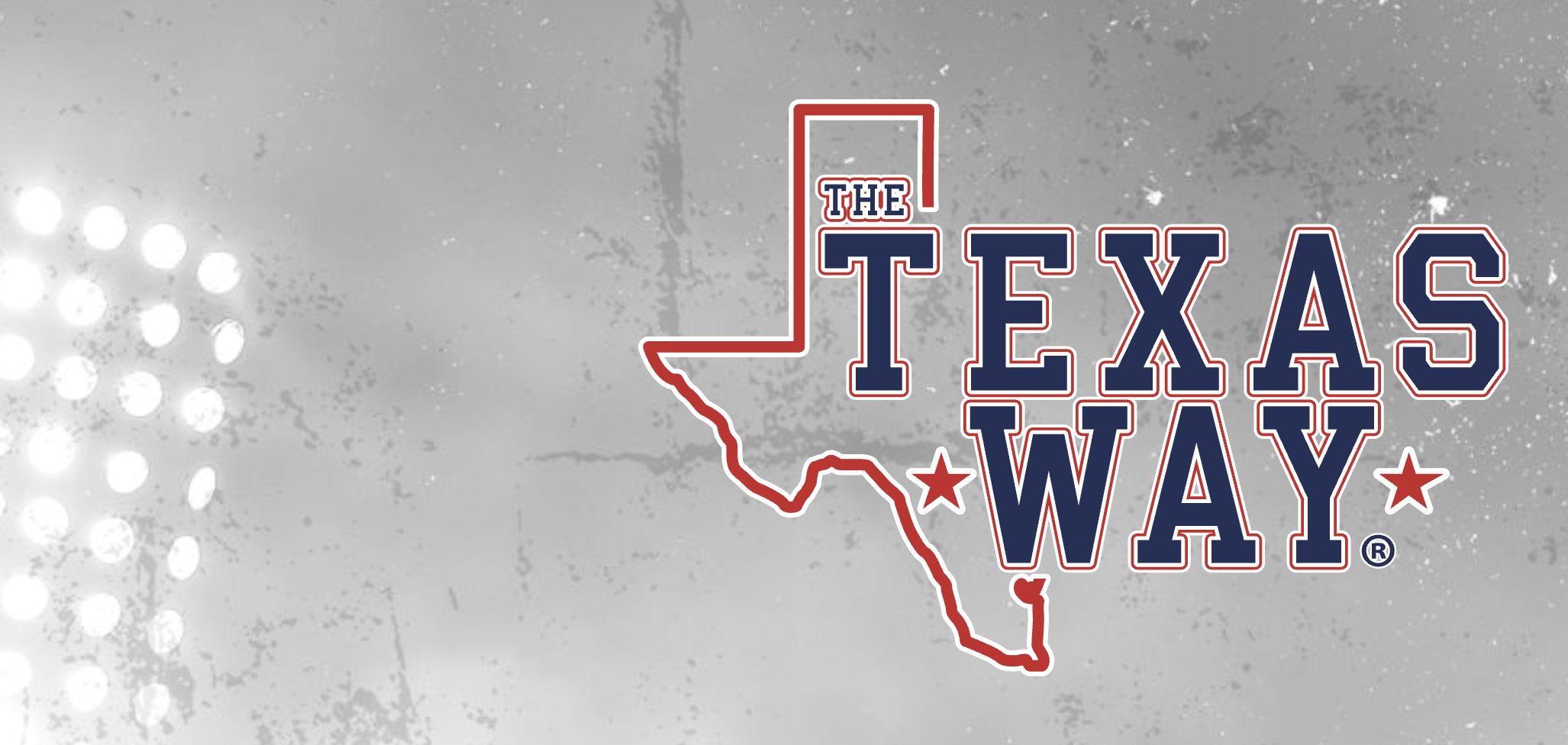Logo with "The Texas Way" written in blue and red, set on a gray background with a stadium outline.