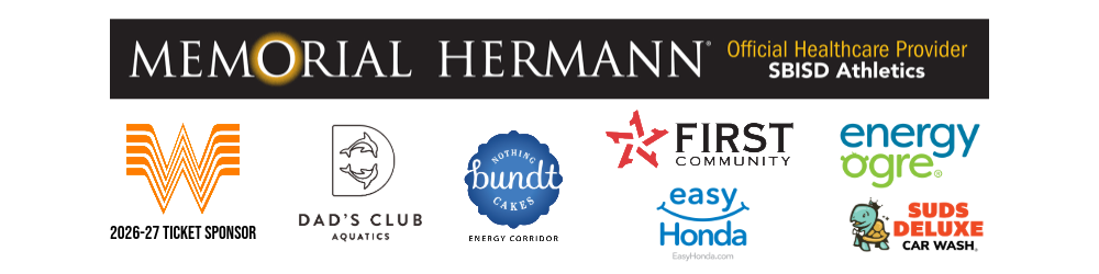 Logos of Memorial Hermann, First Community Credit Union, Whataburger, Dad's Club Aquatics, Nothing Bundt Cakes, Easy Honda, Energy Ogre, and Suds Deluxe Car Wash on a white background.