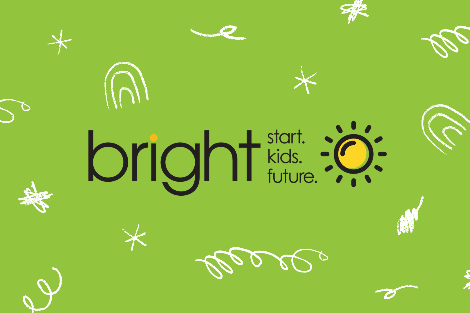 Green background with white stars, swirls, and a sun. Logo reads "bright kids, bright future" in black.