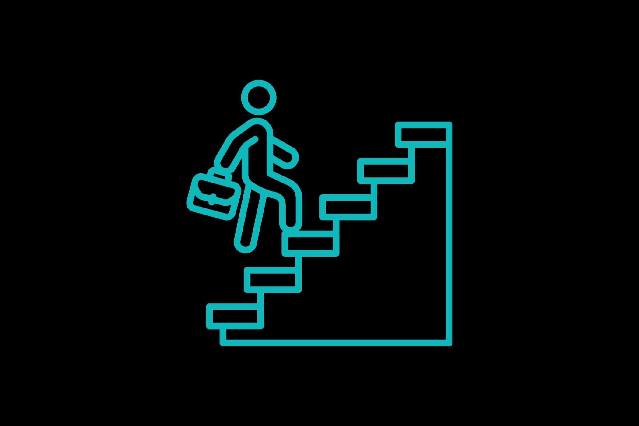 A person ascends steps, holding a briefcase, against a dark backdrop. The steps and figure glow in a teal color.