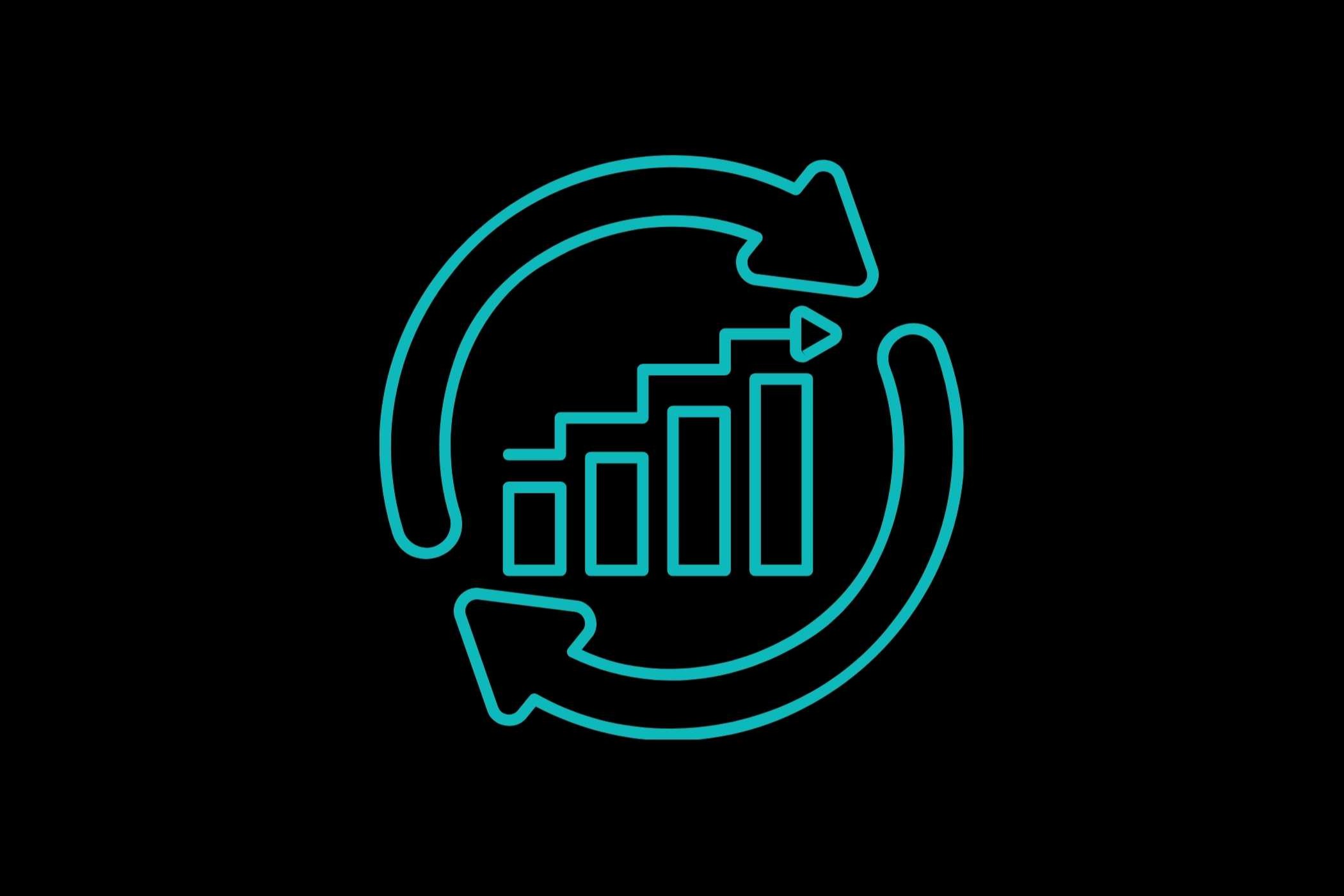 An icon featuring a line graph with a circular arrow around it, all in a glowing cyan color on a black background.