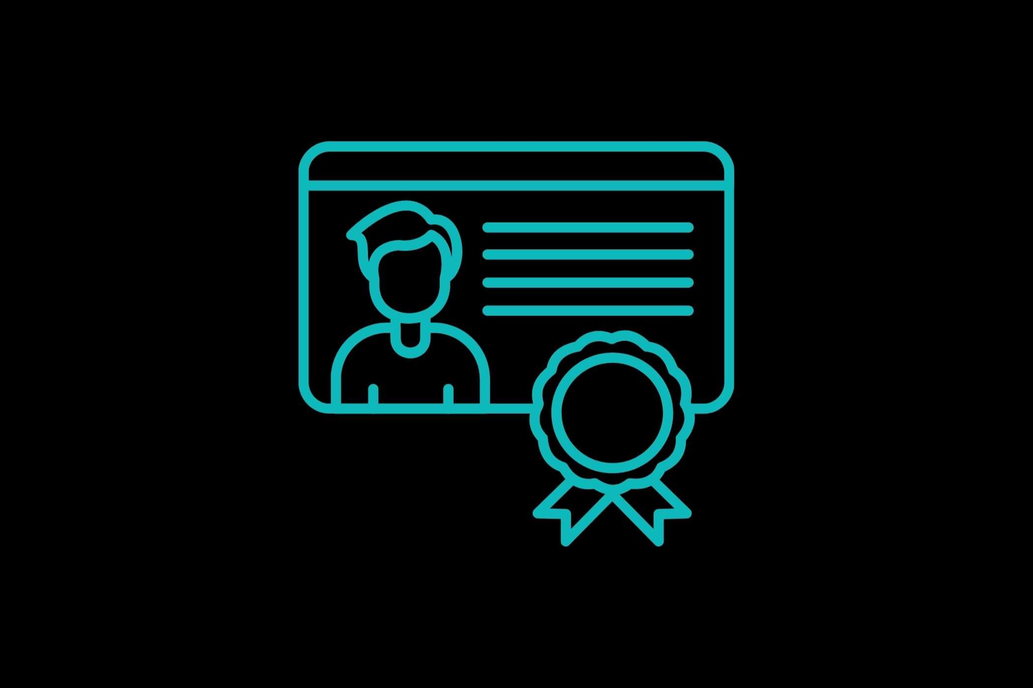 Line art depicts a person, paper with lines, and a certificate with a ribbon on a black background.