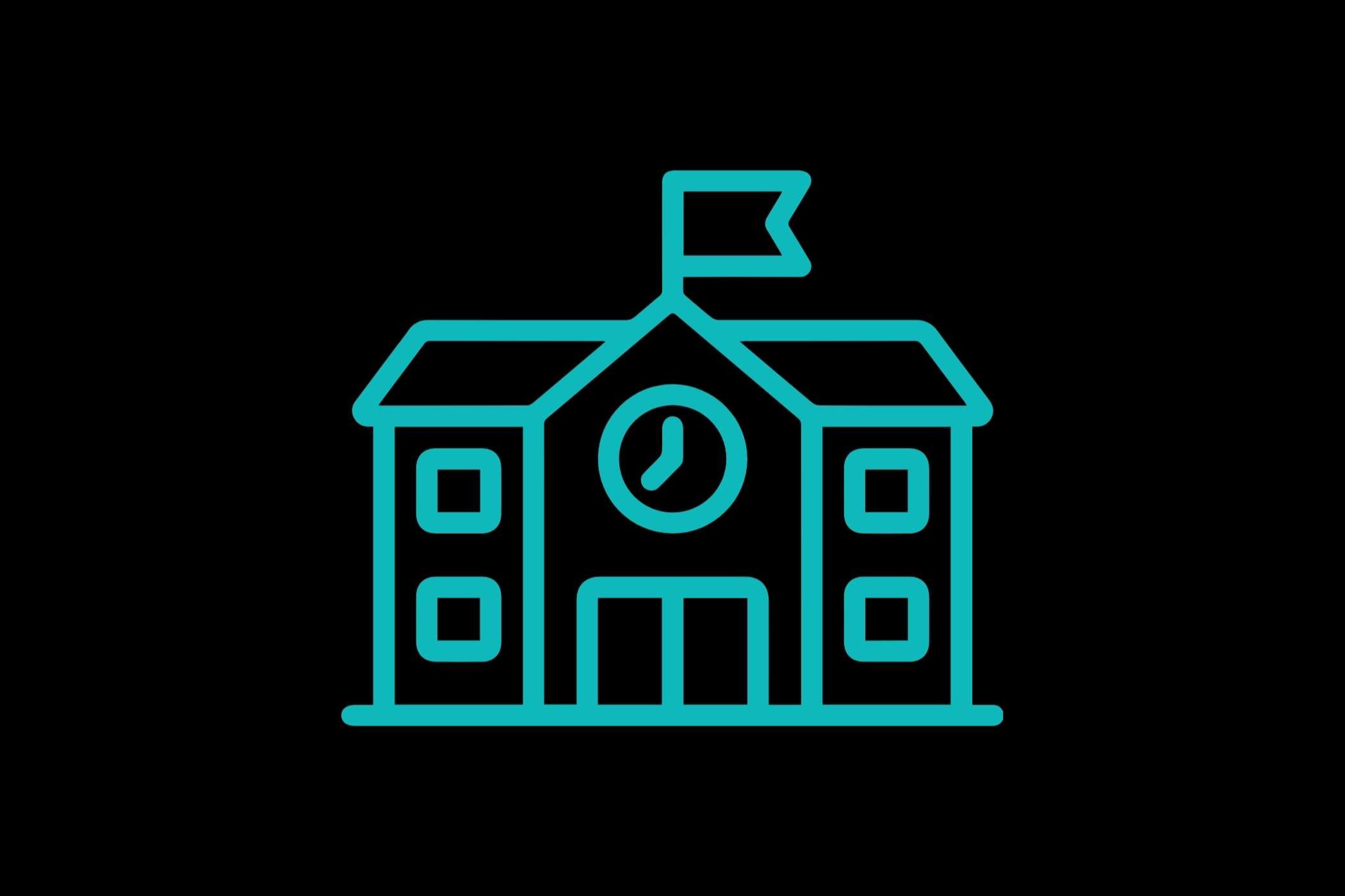 An icon of a school building with a clock on the front wall, a flag on top, and a neon outline.