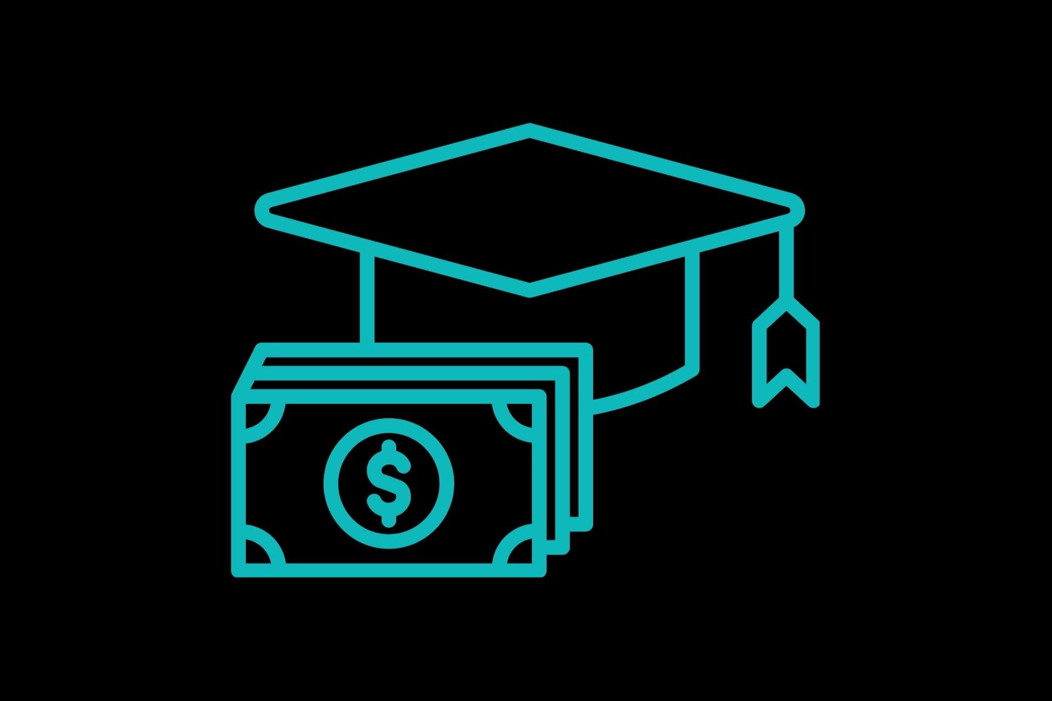 Icon of graduation cap and money, both outlined in neon blue on a black background.