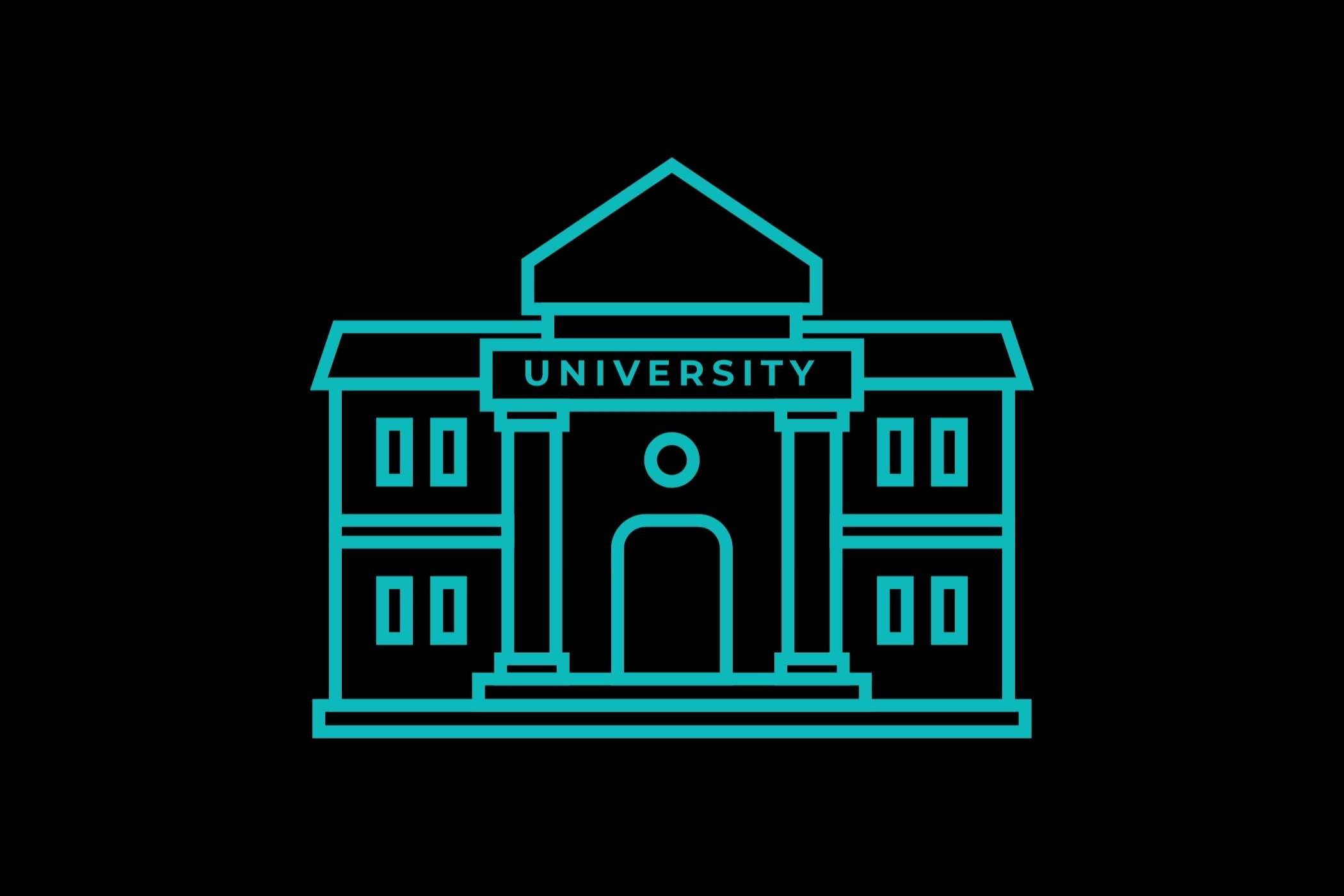 A black background displays a building with "UNIVERSITY" written above it. The building has a triangular roof, three windows, and a central door.
