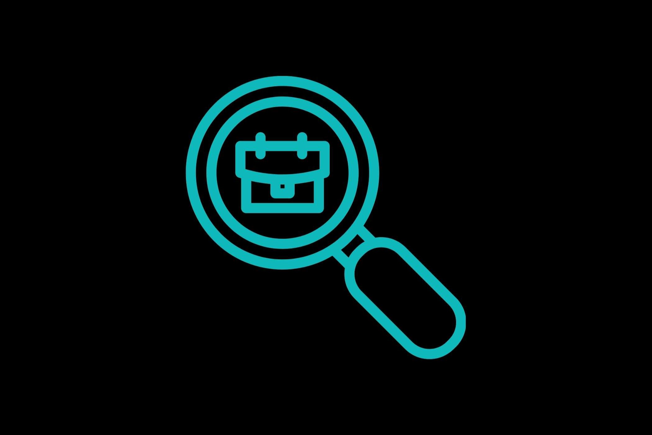 Magnifying glass icon with a briefcase inside it, glowing blue against a black background.