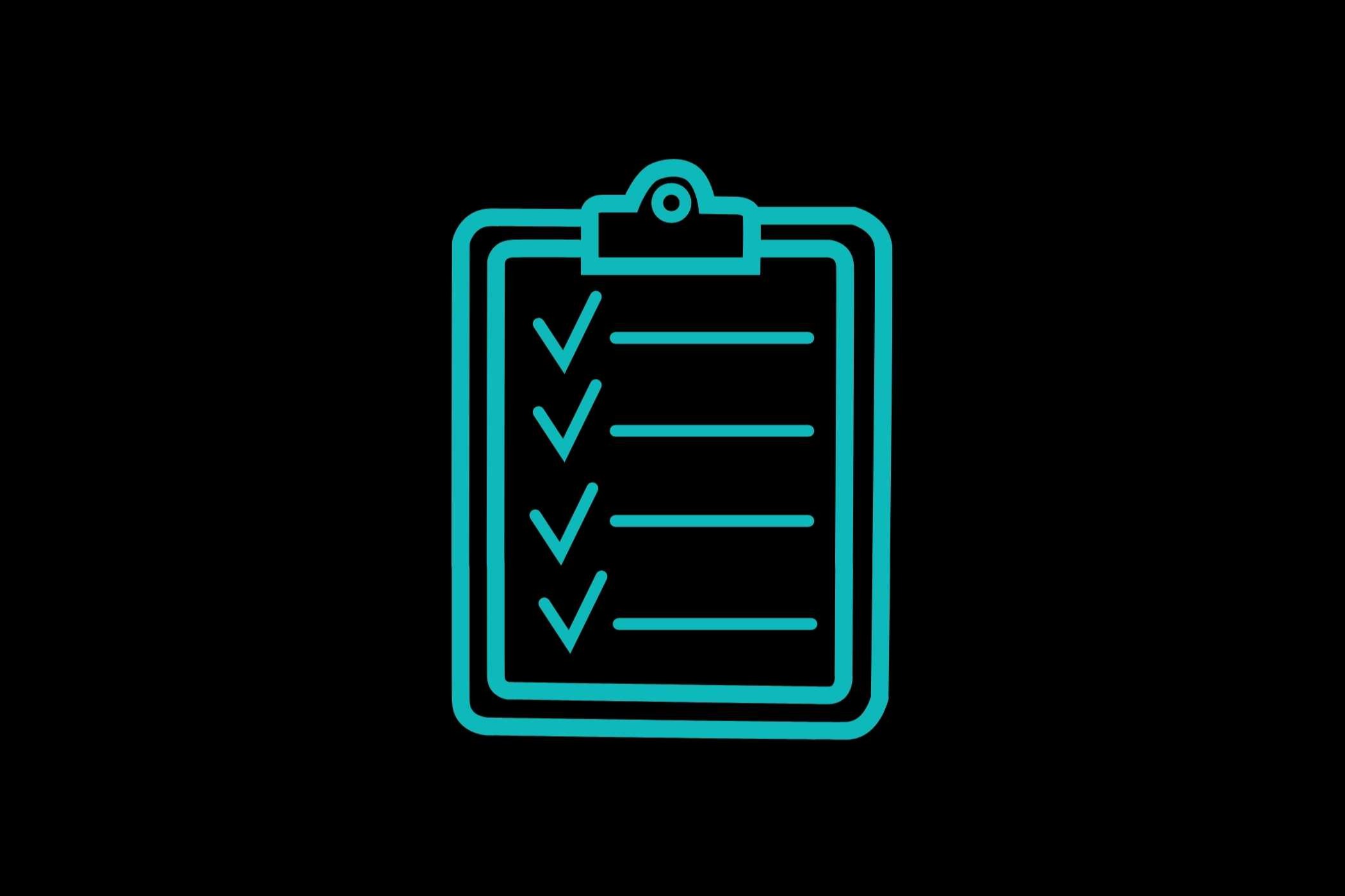 A clipboard with a checklist is displayed on a dark background. The clipboard has four tick boxes.