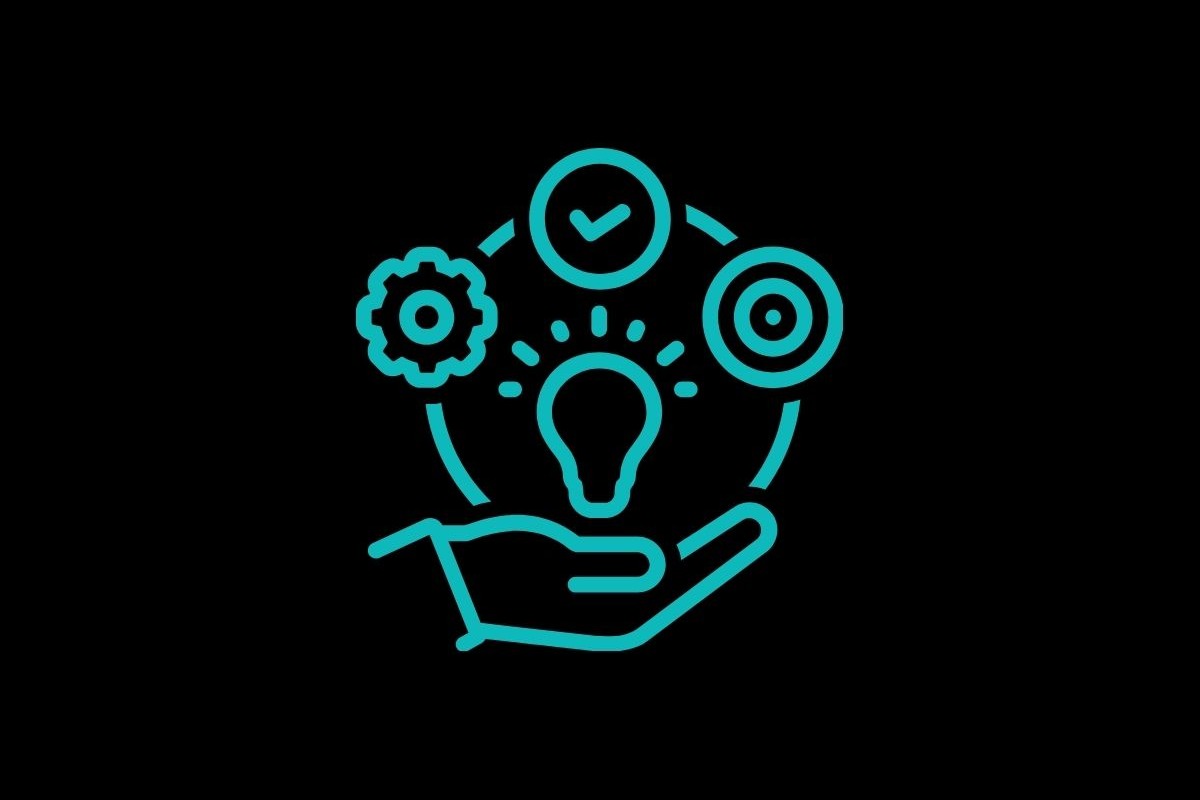 Neon blue icon of a hand holding a lightbulb surrounded by gears, a target, and a checkmark.