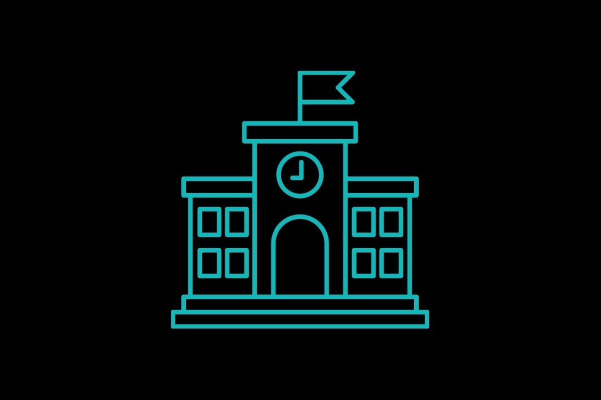 Illustration of a school building with a clock, flag, and windows against a black background.