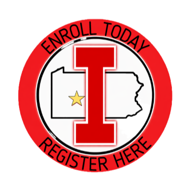 Red circular logo with "ENROLL TODAY" at the top and "REGISTER HERE" at the bottom. It features a stylized "I" and a star.
