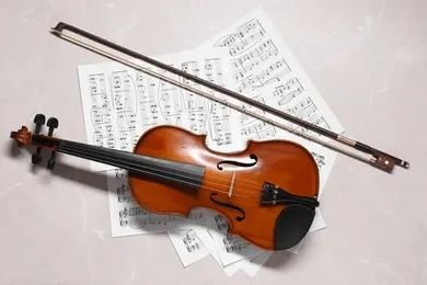 A violin and bow placed on a sheet of music, with white background. The violin has a dark brown body and a silver bow.