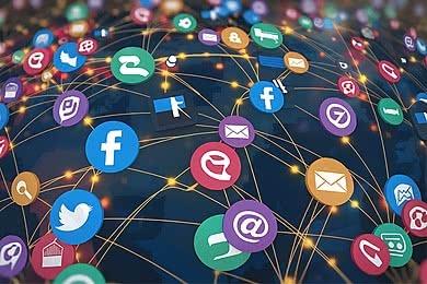 A circular diagram with various social media icons like Facebook, Twitter, and email. These icons are connected by lines.