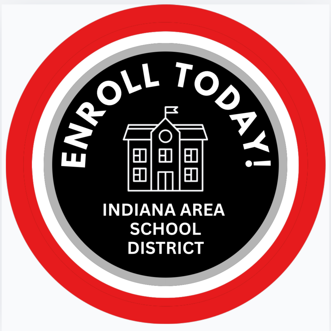 Black and red circular logo with text "ENROLL TODAY!" and an icon of a school building. Below the icon, the words "Indiana Area School District" are written.