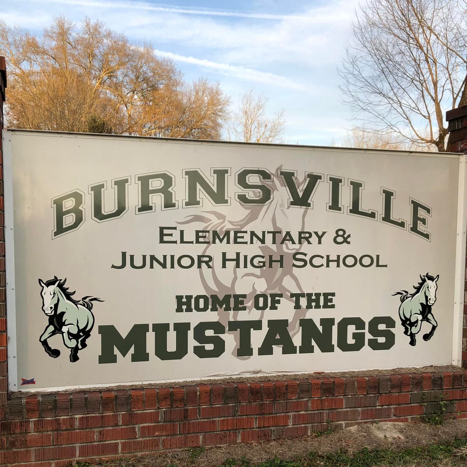 A large outdoor school sign framed by red brick pillars that reads, "Burnsville Elementary & Junior High School, Home of the Mustangs" in green text, flanked by illustrations of two running horses.