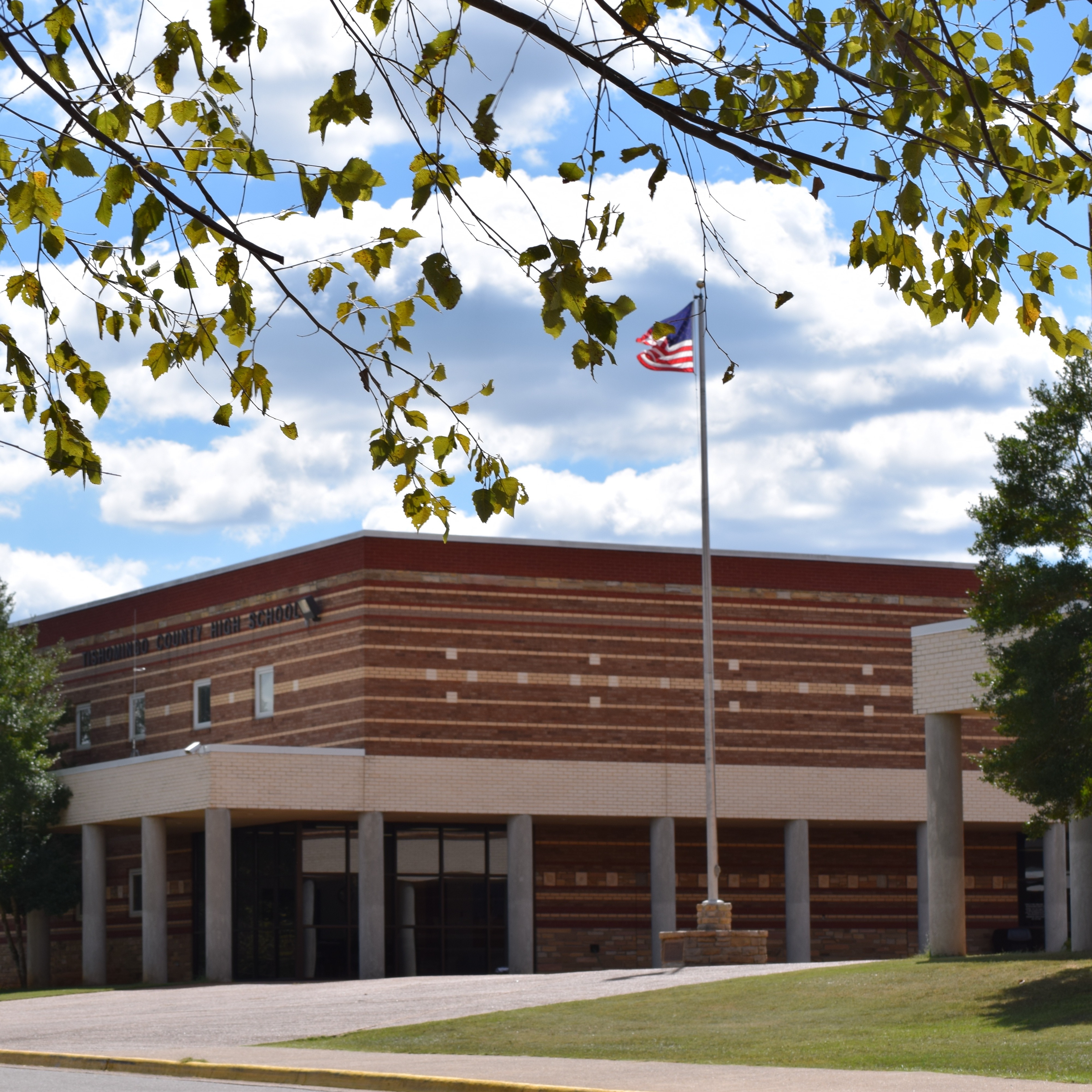 The exterior front facade of Tishomingo County High School under a cloudy blue sky, featuring a modern patterned brick building with an American flag flying on a tall flagpole and tree branches framing the top of the view.