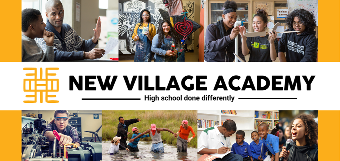 Collage of people in various settings, including classrooms and outdoors. "NEW VILLAGE ACADEMY" text.