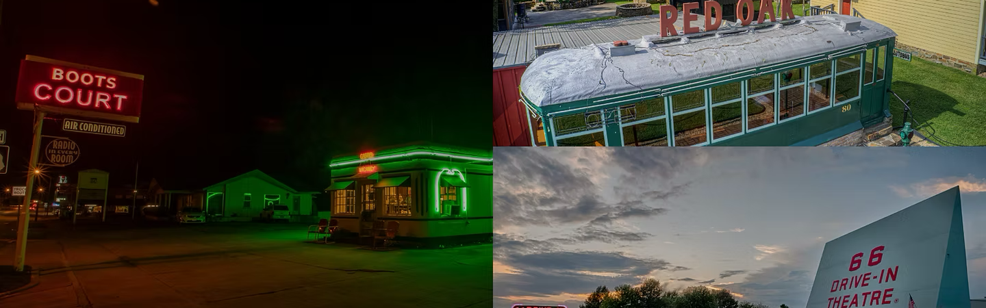 Images of historic spots along Route 66, including Boots Court, Red Oak, and 66 Drive In Theatre