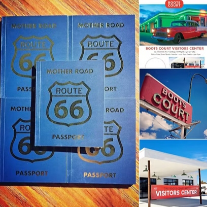 Route 66 passport, with images of visitor center and Boots Court