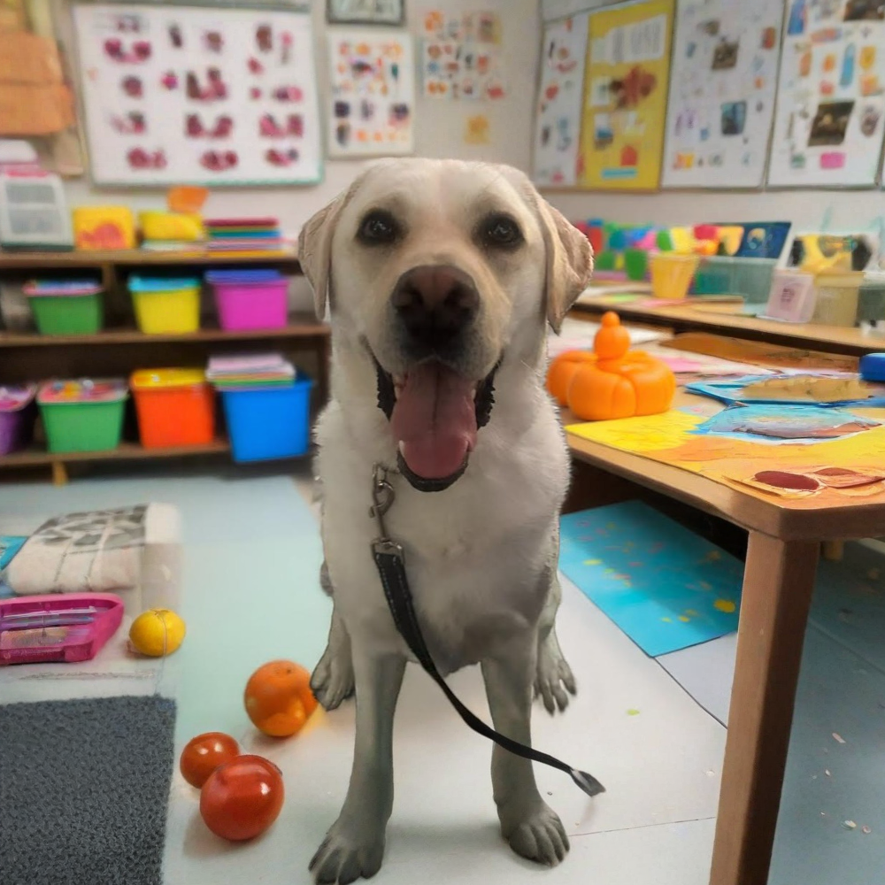 picture of a dog in a classrooom