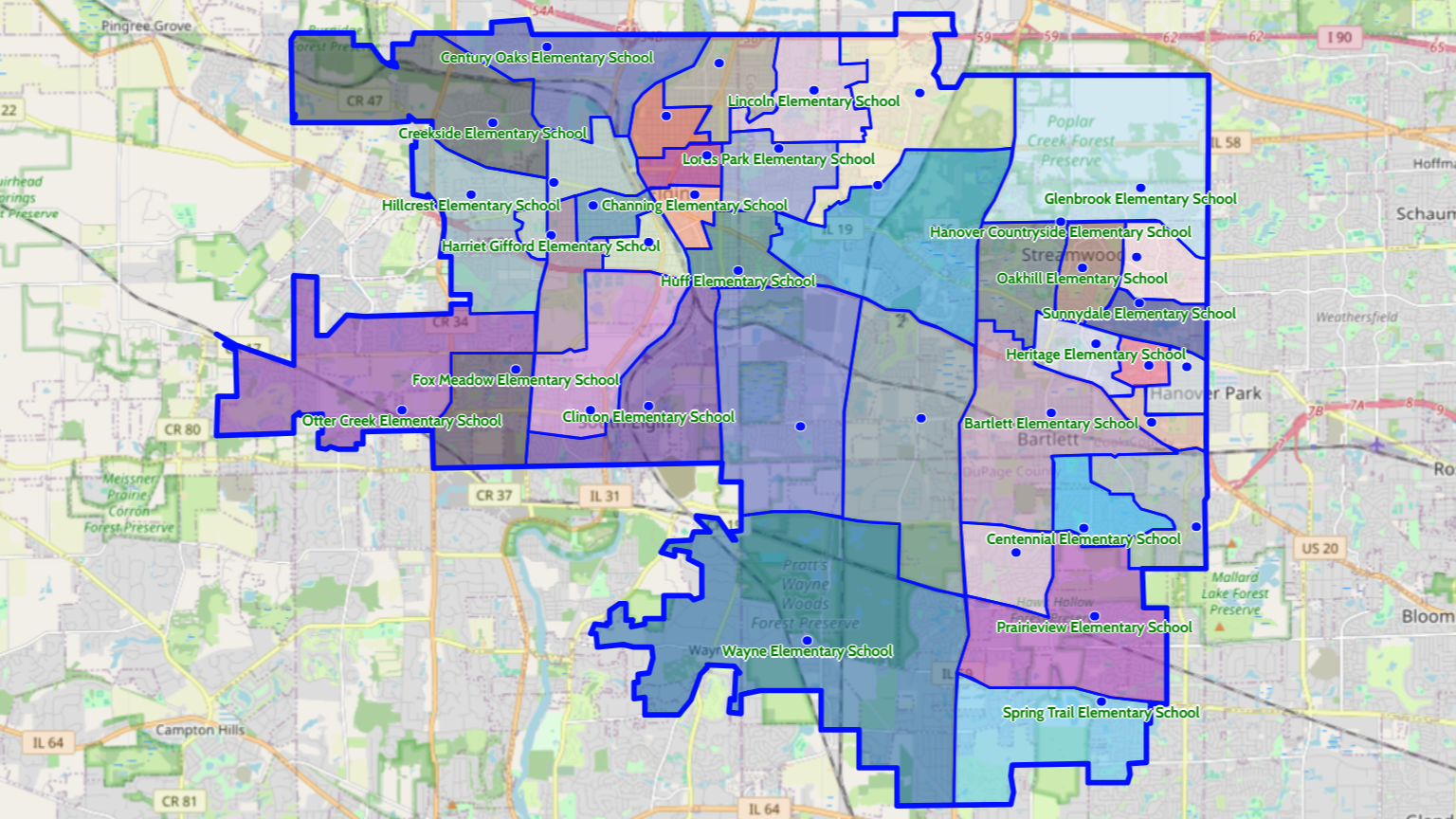 A city map with multiple colored regions and connecting lines. Green, purple, and blue shapes are visible.