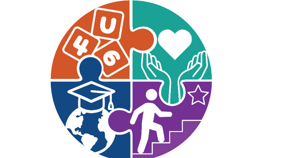 A circular logo with a puzzle piece design. Sections include a puzzle, graduation cap, hands, heart, globe, star, and a figure walking up steps.