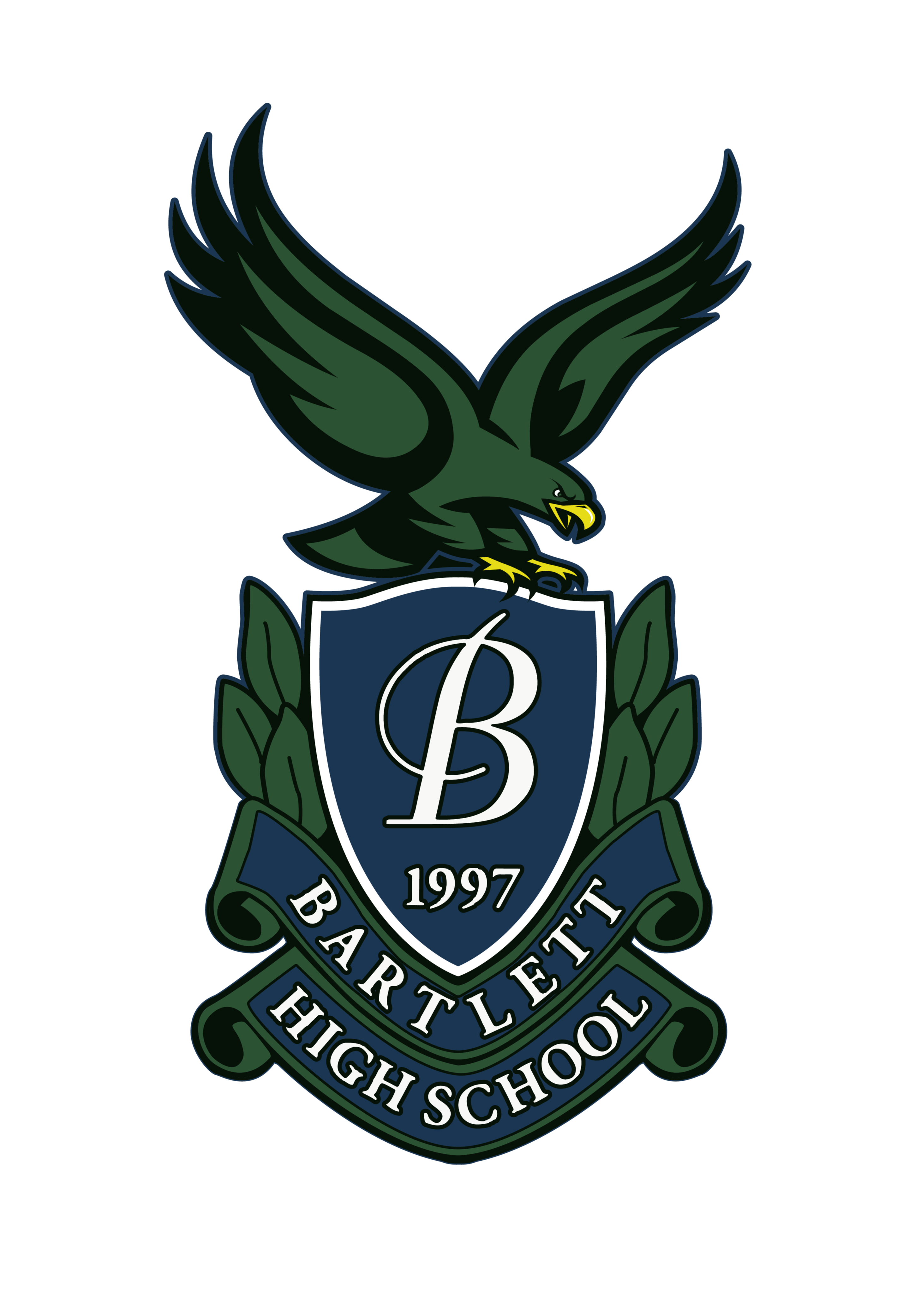 A school logo features a bird perched on a shield. The shield has the letter "B" and the date "1997".