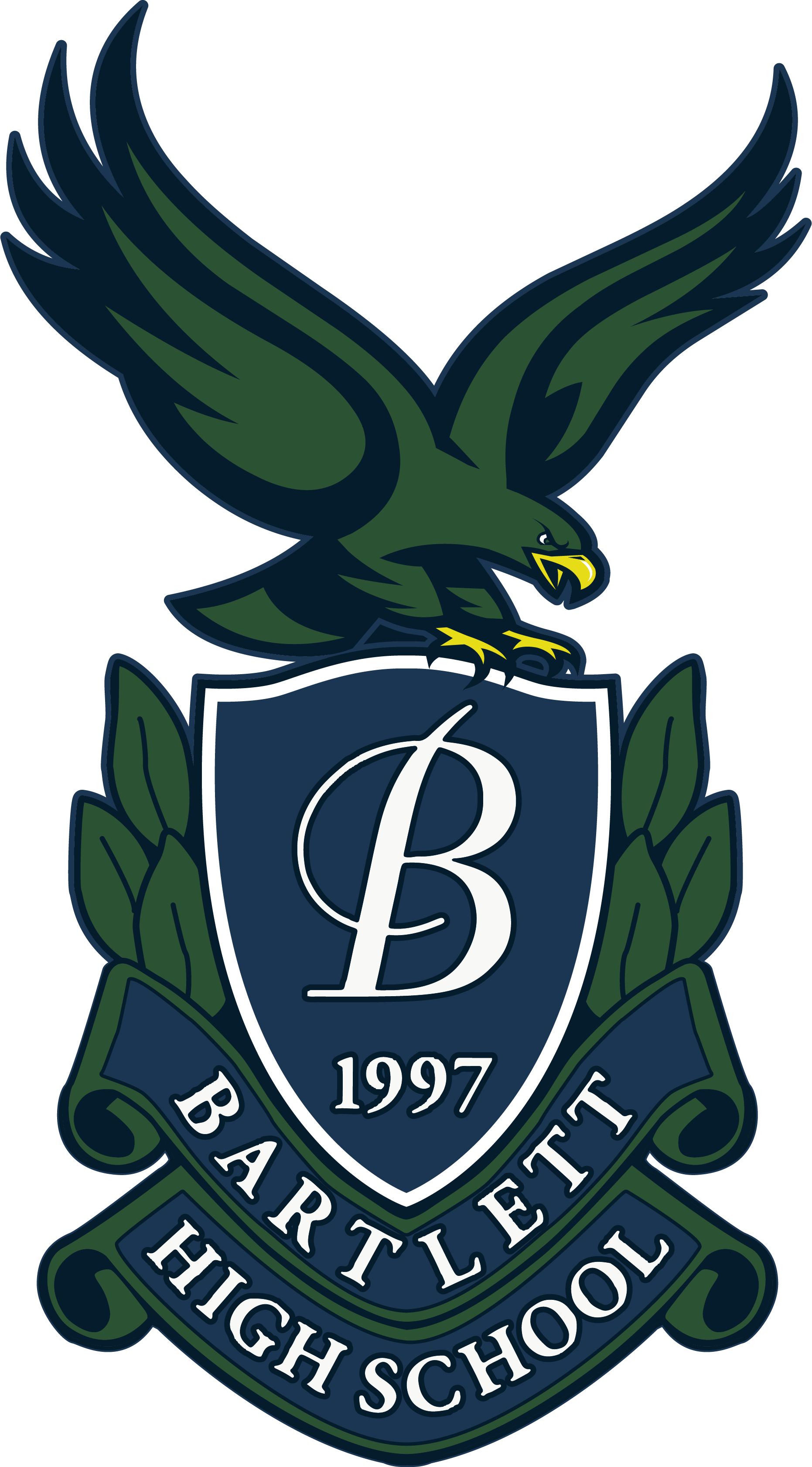 Logo for Bartlett High School, founded in 1997, features an eagle with wings spread, perched on a shield with the letter B.