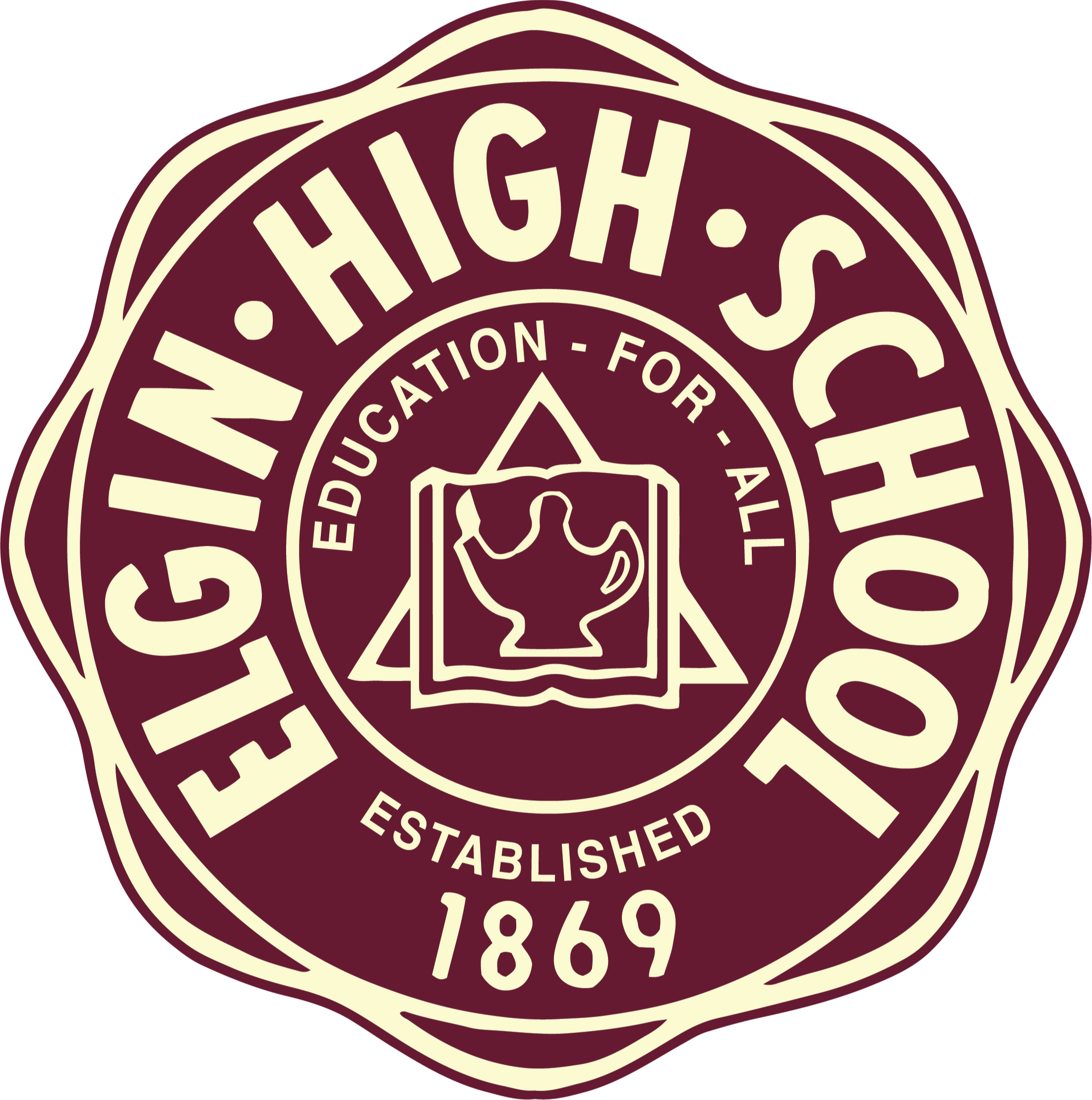 Seal featuring "Elgin High School" text in an oval with a fountain and book icon. The words "Education for All" and "Established 1869" are written in white.