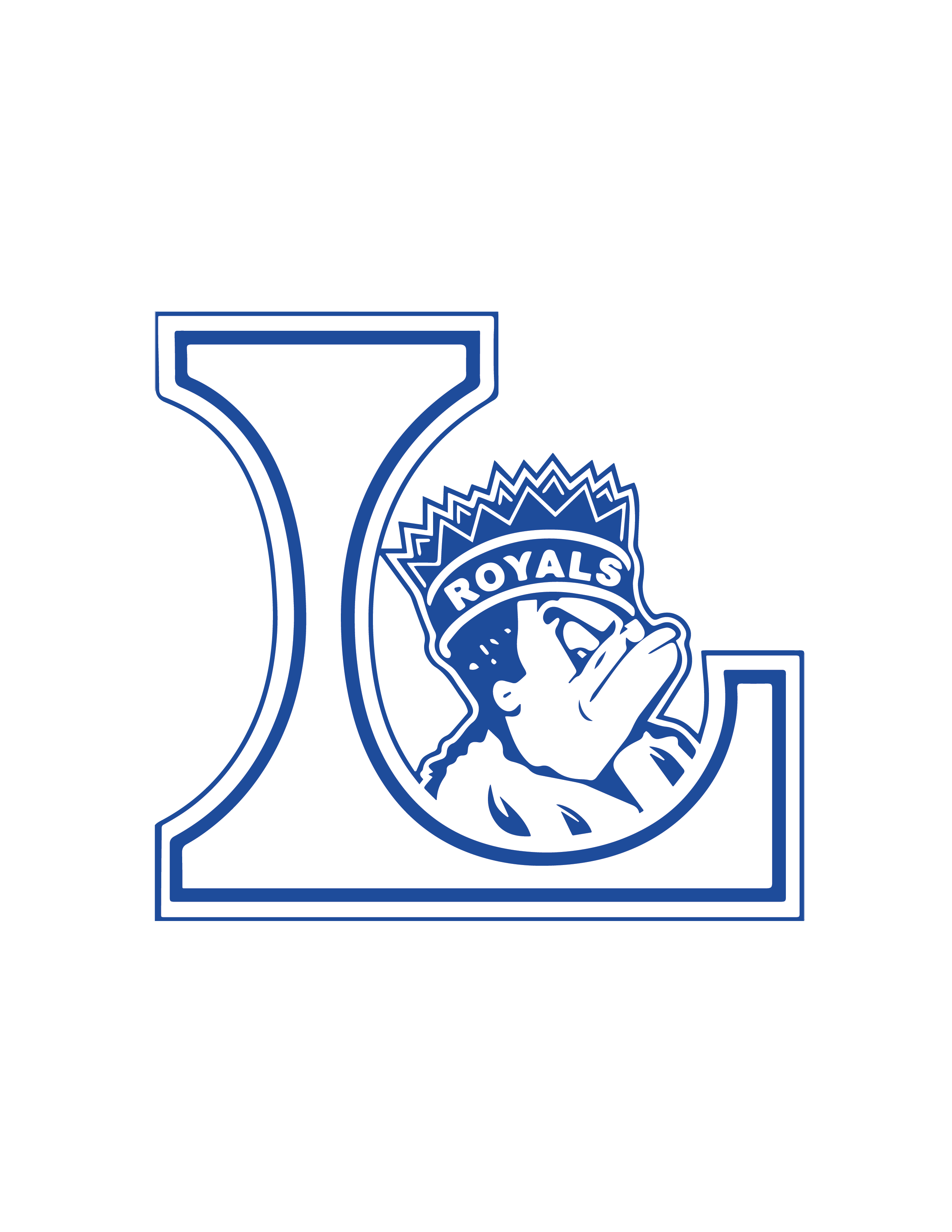 A stylized letter "L" in white and blue, featuring a cartoon character wearing a crown with the word "Royals".