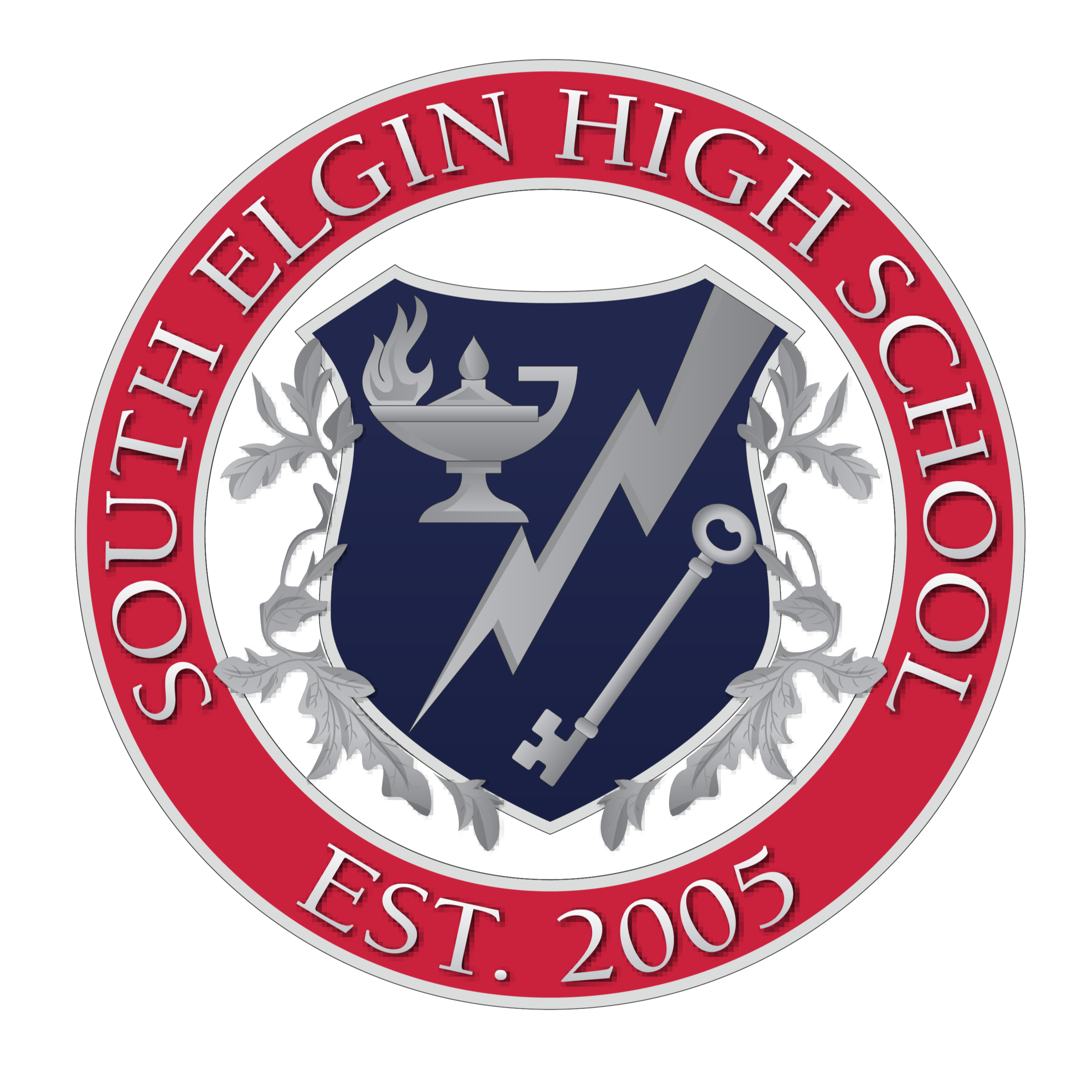 Circular emblem with blue and red border. Features a shield with a key, a lightning bolt, and a lamp. Text reads "South Elgin High School EST. 2005" on black.