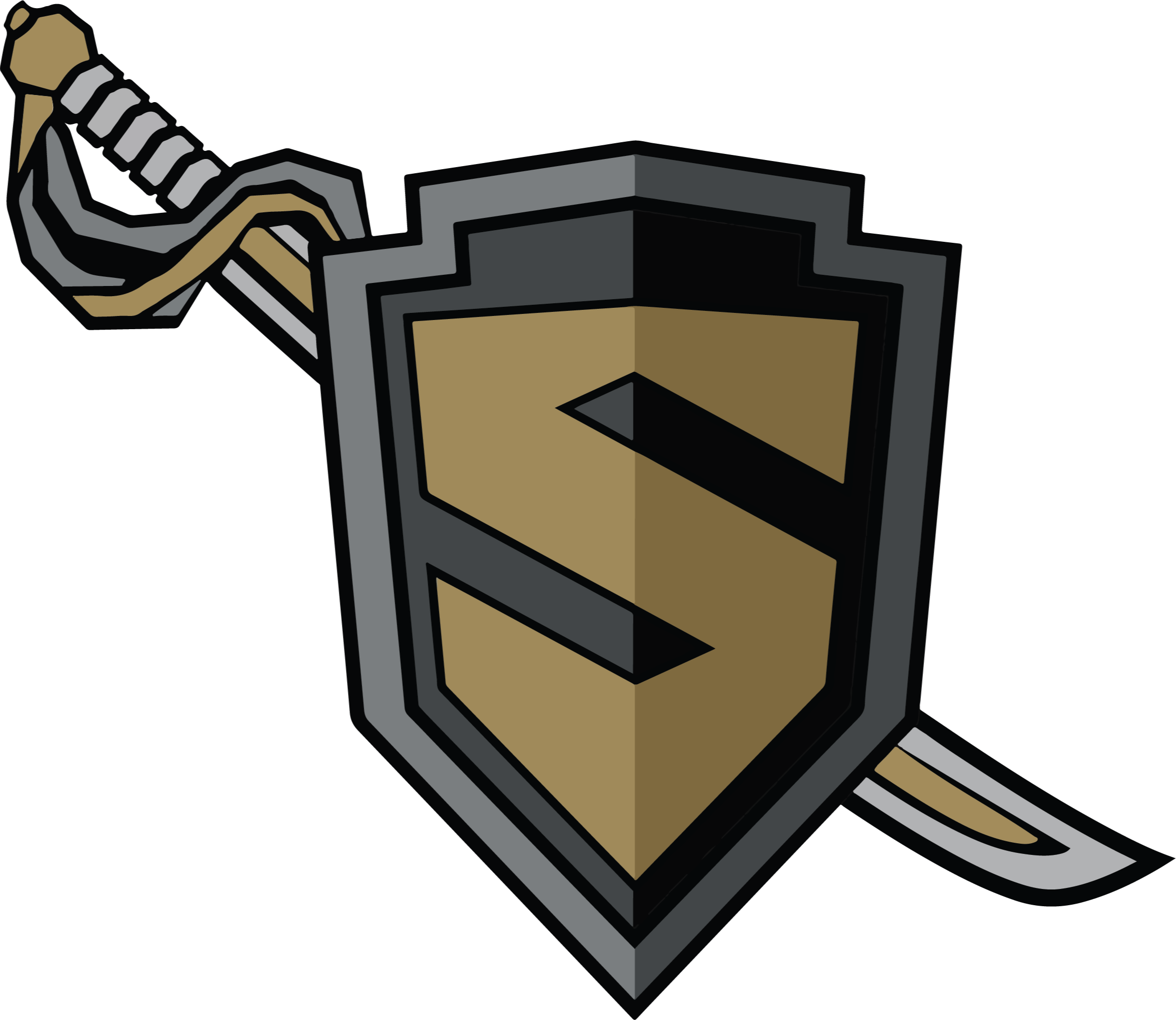 A shield with a letter "S" in gold is crossed by a sword on a black background.