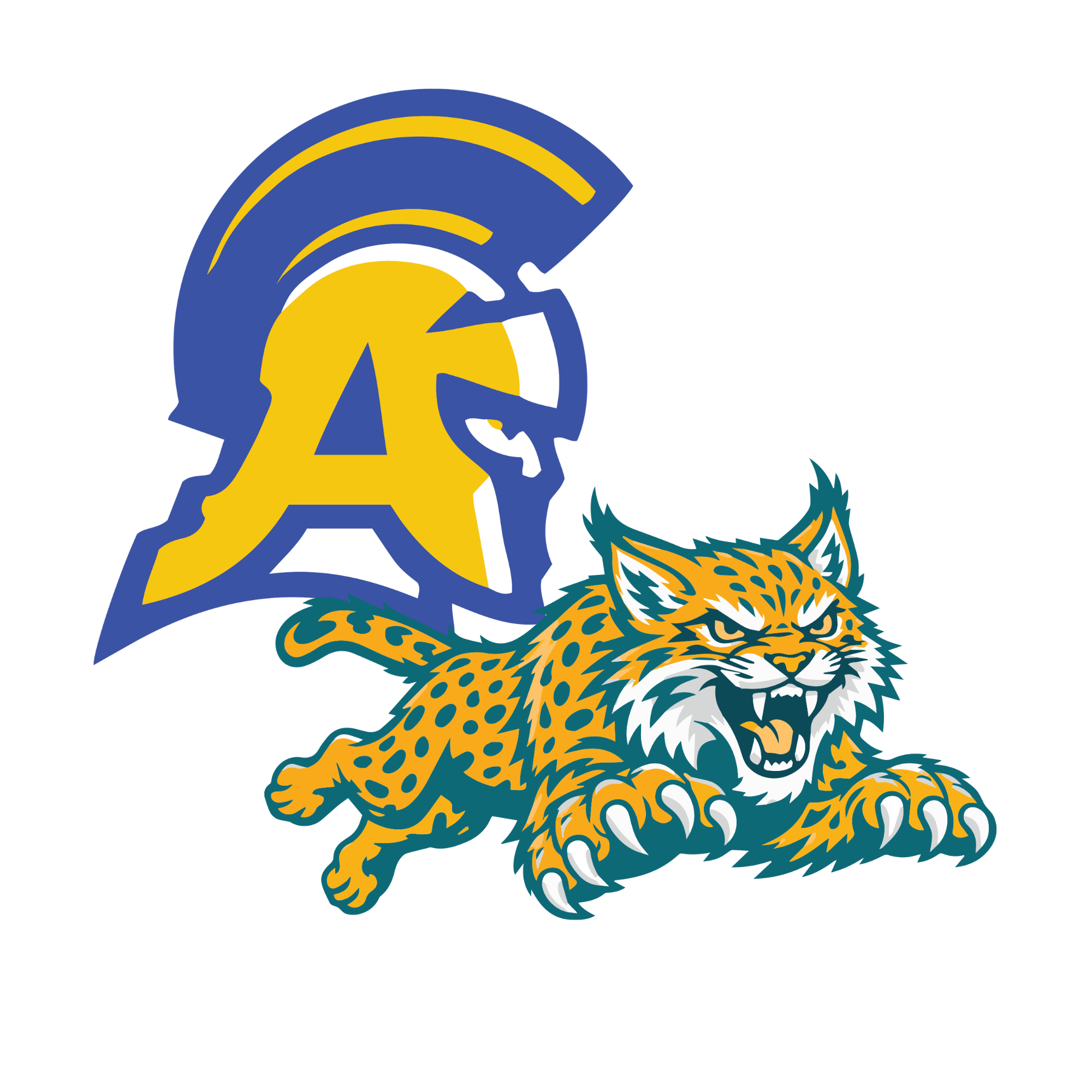 A blue helmet with a yellow 'A' overlaps a leaping, yellow-spotted cat with an open mouth.