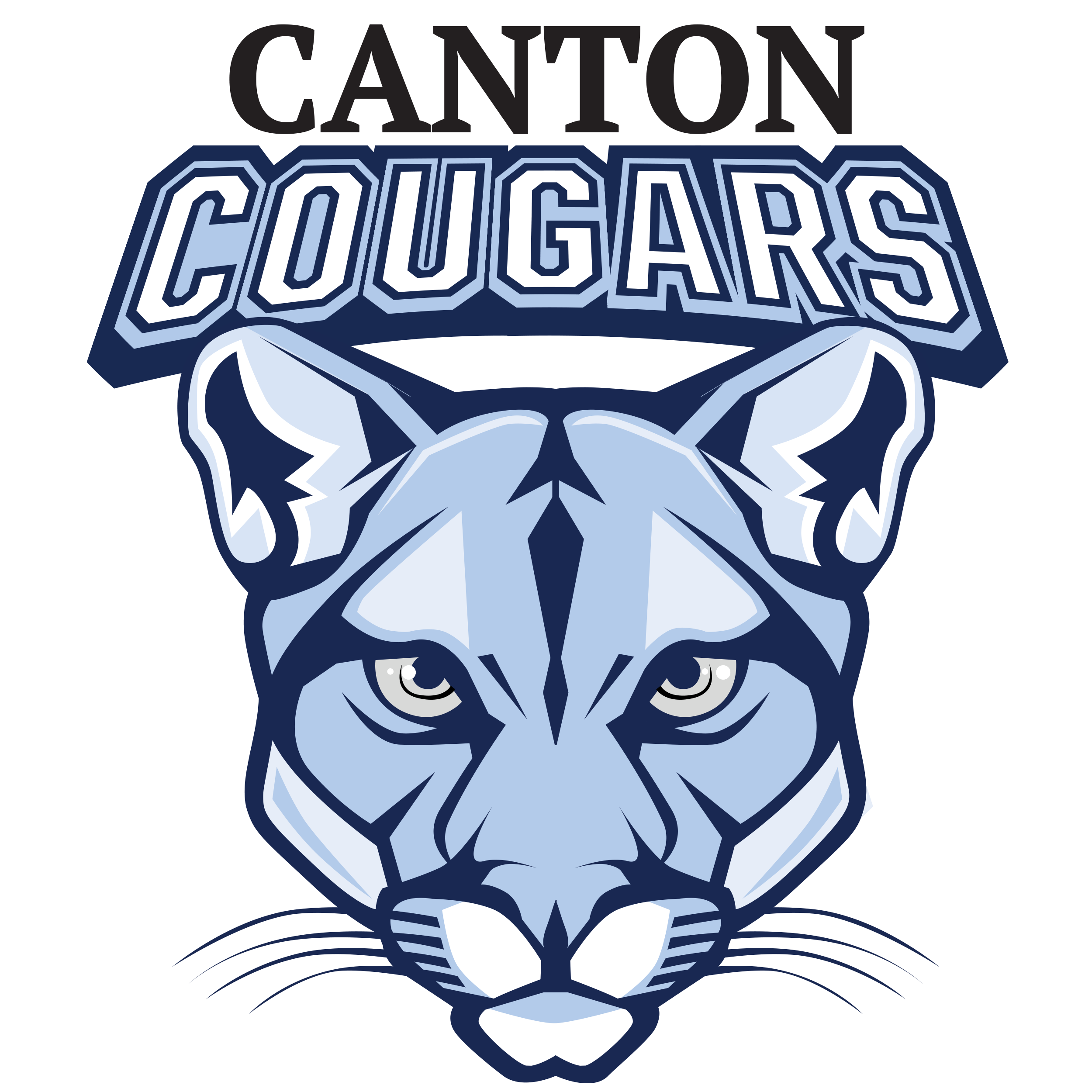 A blue cat face in front of the words "Canton Cougars" on a black background.