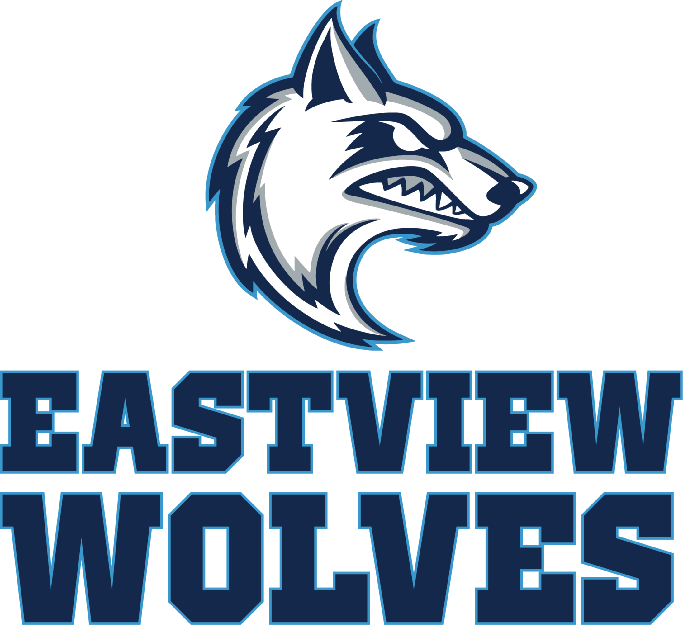 A stylized wolf head with bared teeth and a snarling expression above "EASTVIEW WOLVES" in bold, blue letters.