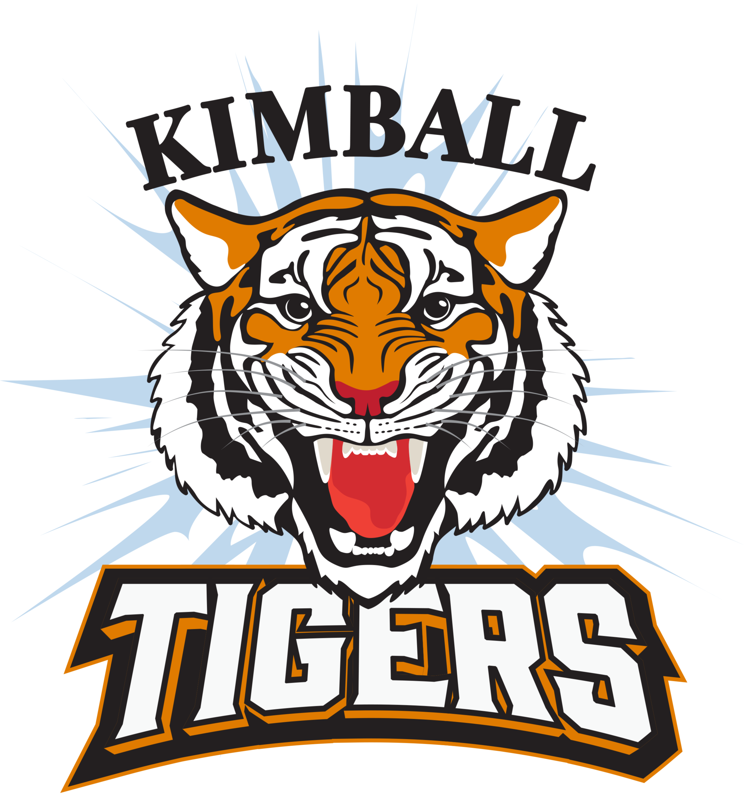 A logo featuring a fierce tiger with an open mouth on a black background. "KINBALL TIGERS" is written above and below the tiger.